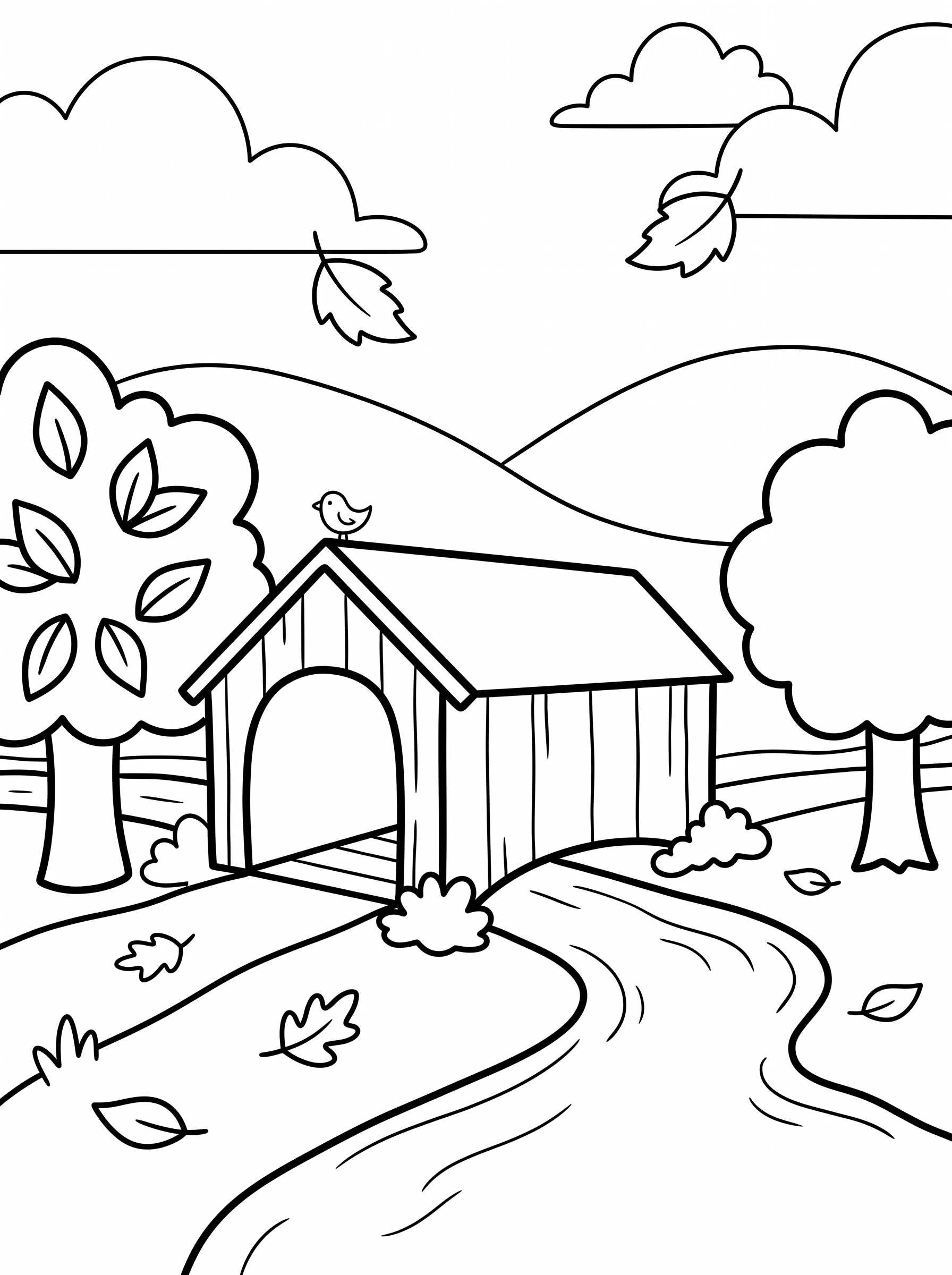 Covered Bridge Over a Stream Coloring Page