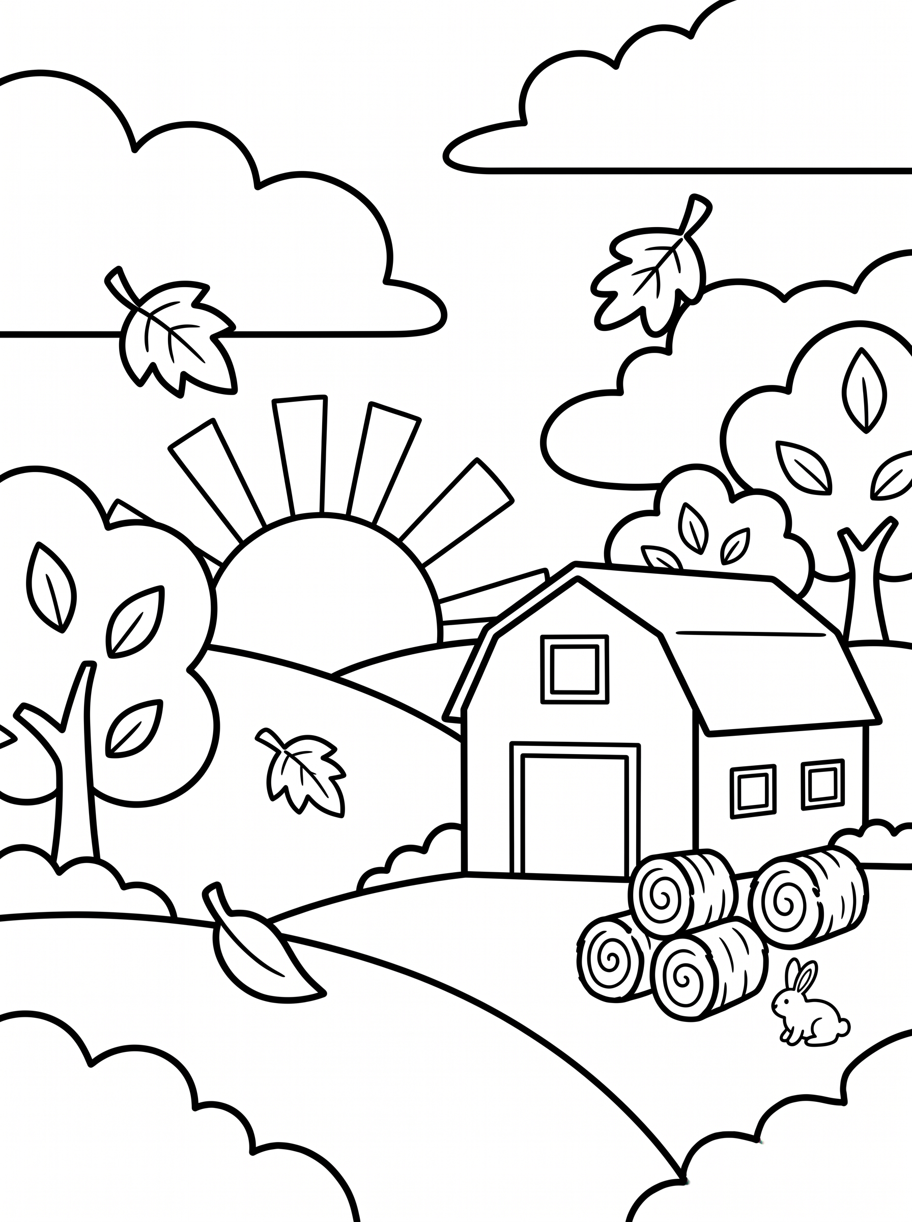 Barn and Hay Bales at Sunset Coloring Page