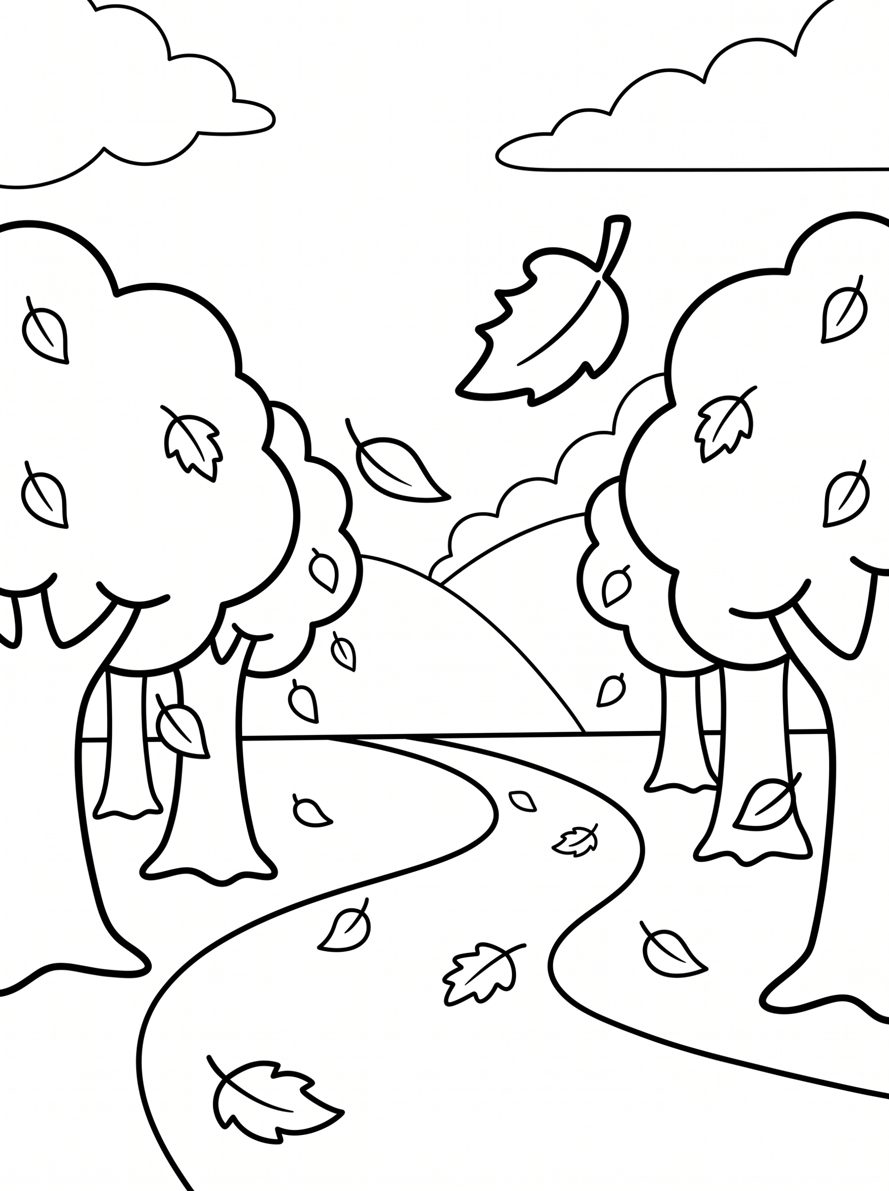 Forest Path with Falling Leaves Coloring Page