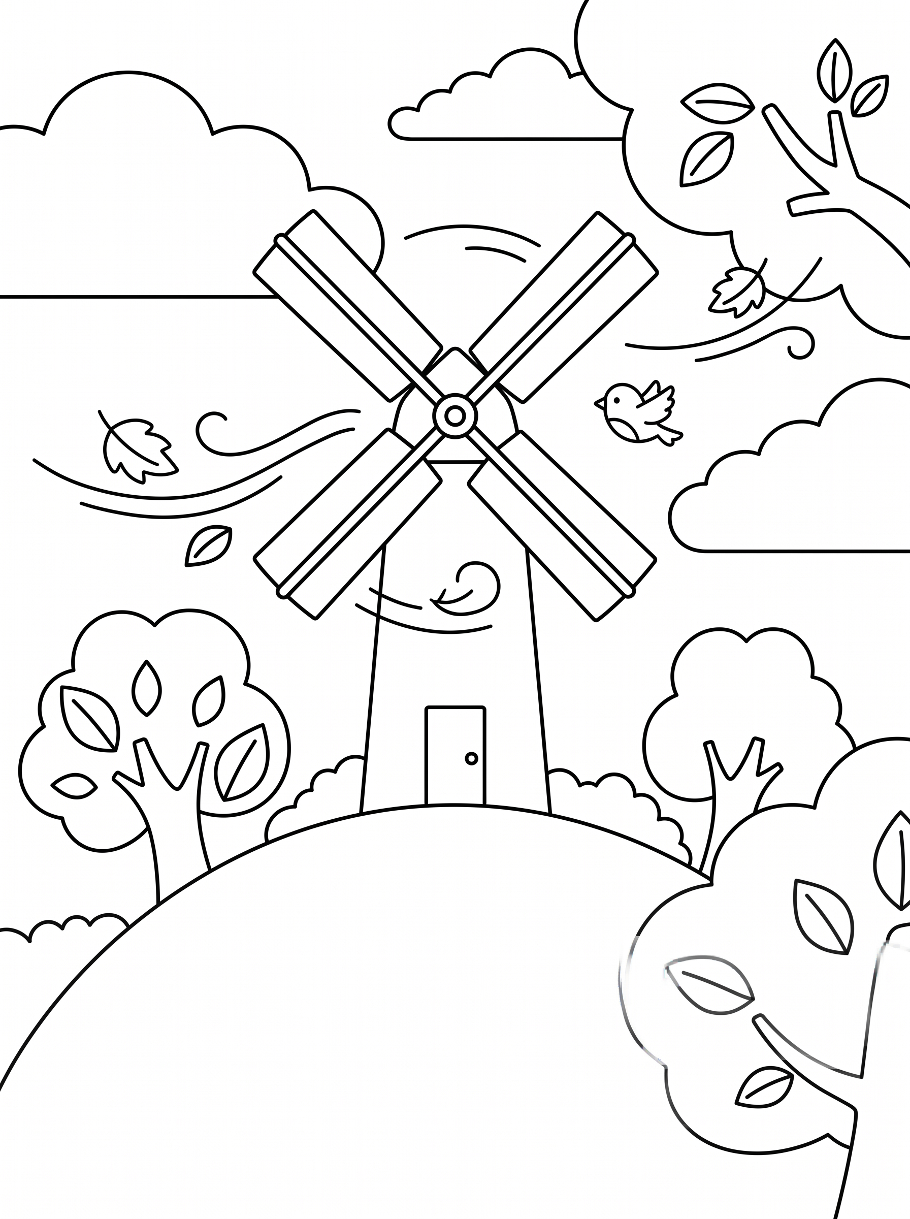 Windmill on a Breezy Hill Coloring Page