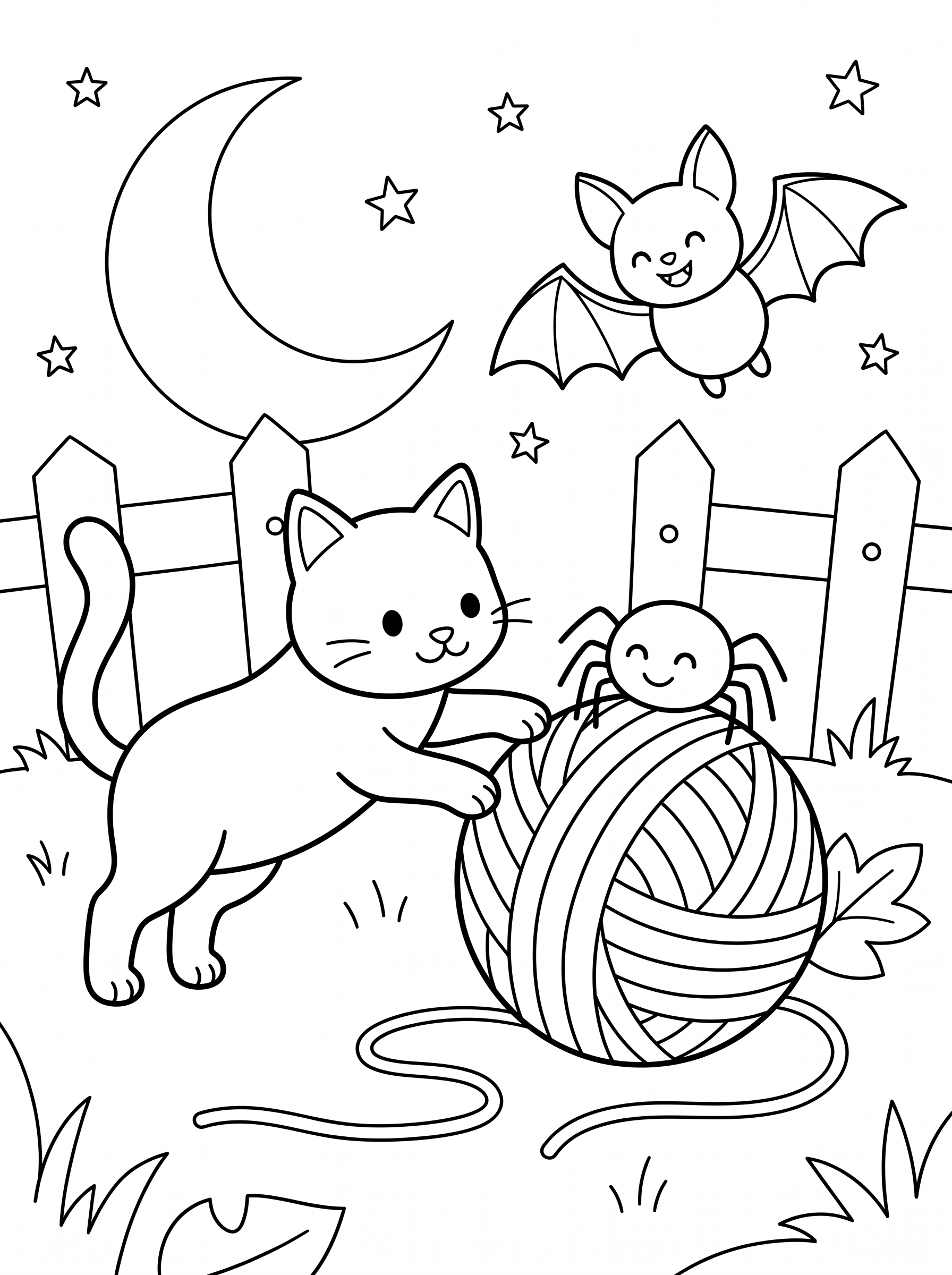 Black Cat and Yarn Ball Playtime Coloring Page