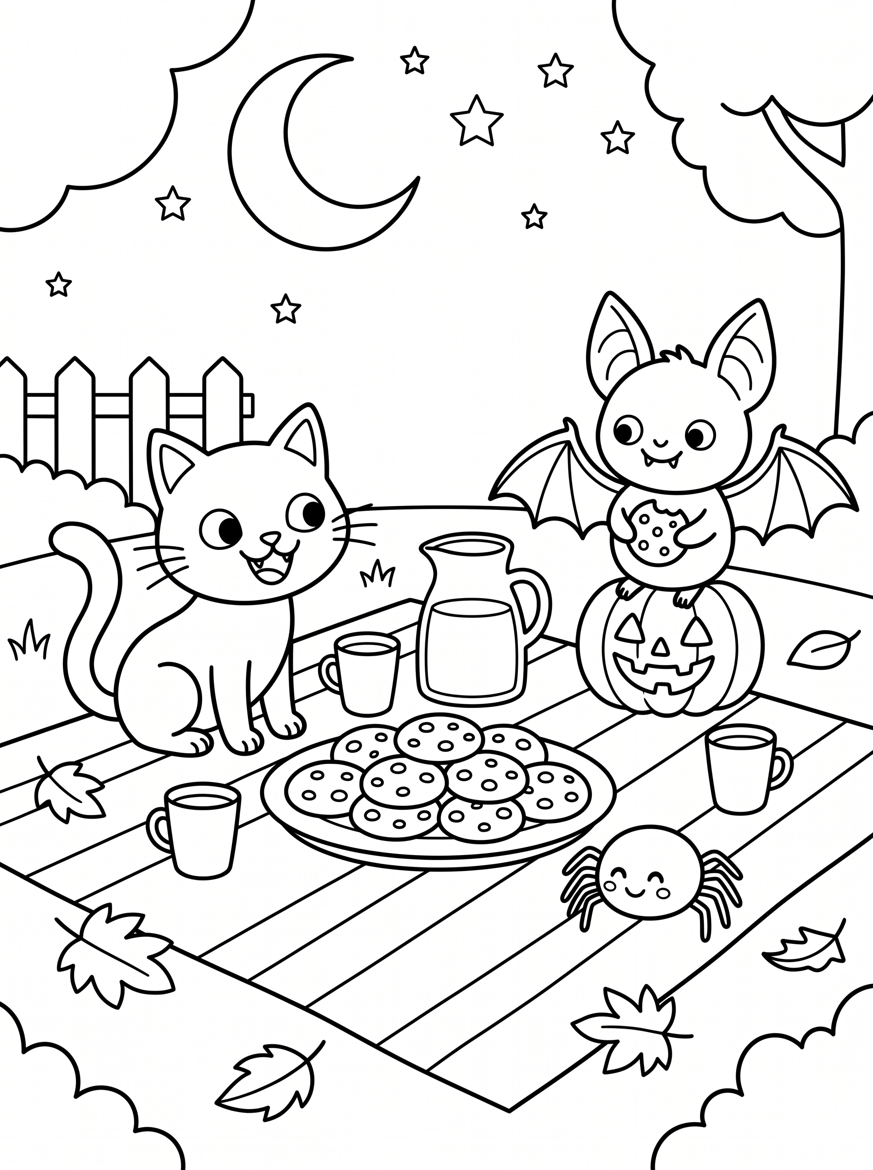 Milk and Cookies Animal Picnic Coloring Page