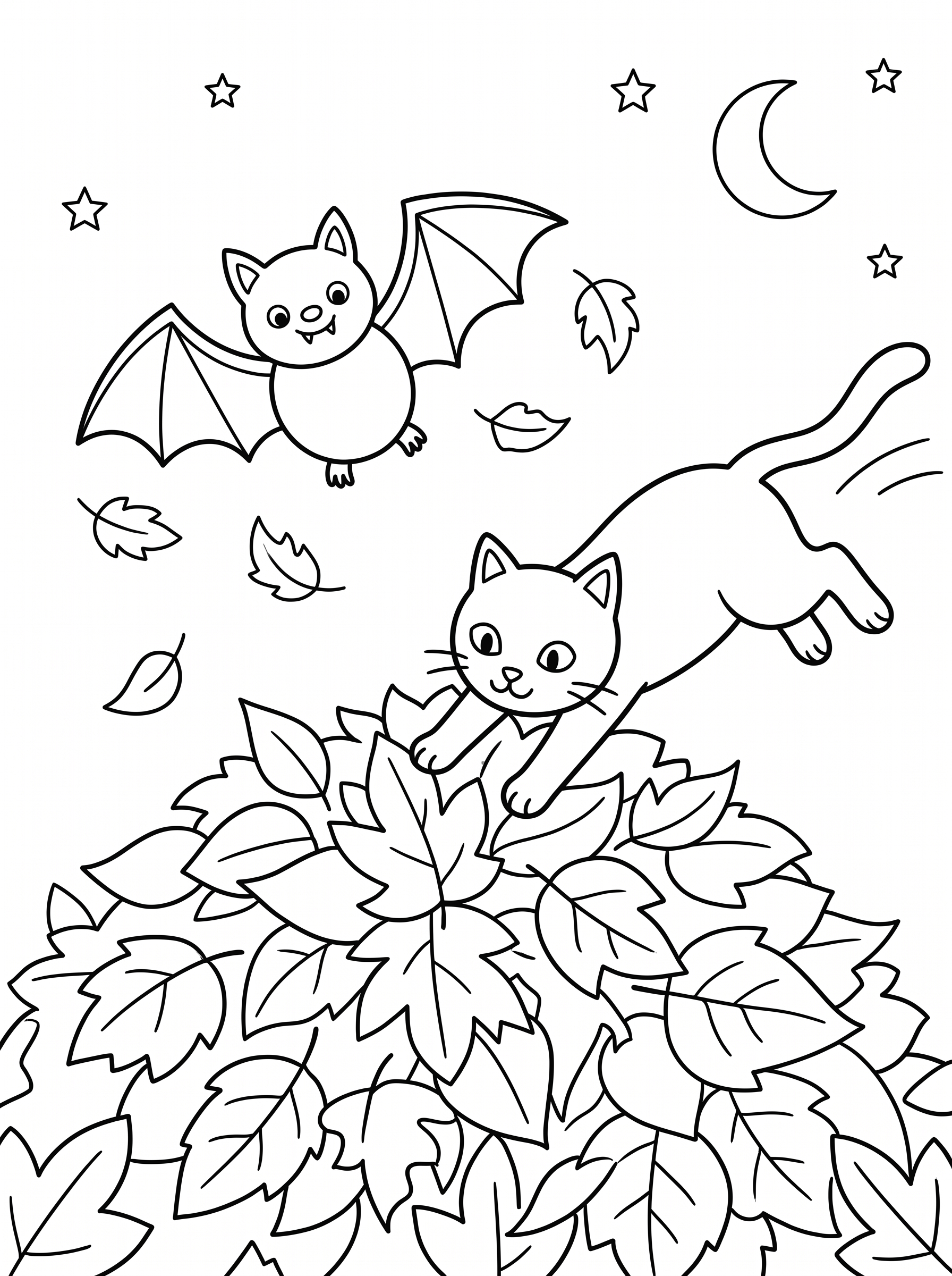 Black Cat Leaf Pile Pounce Coloring Page