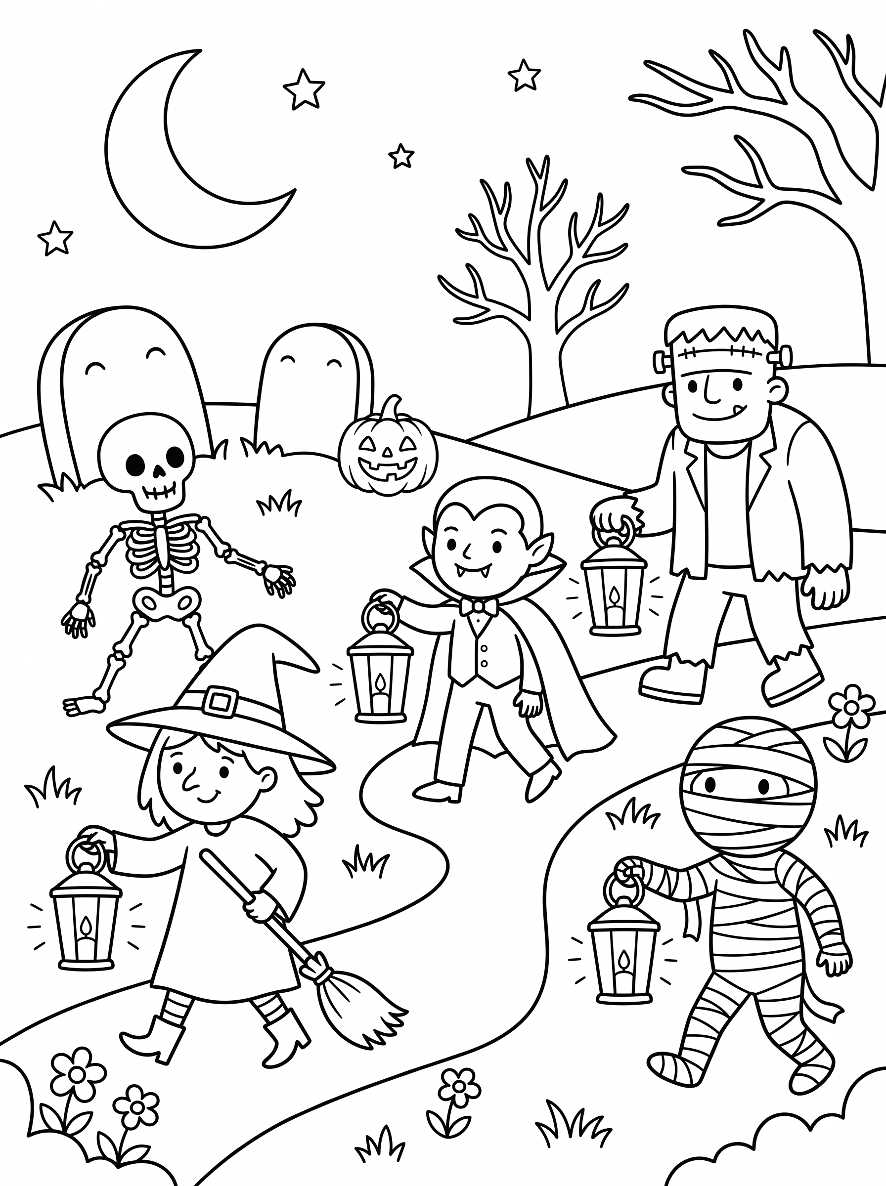 Moonlit Graveyard Lantern Stroll Coloring Page