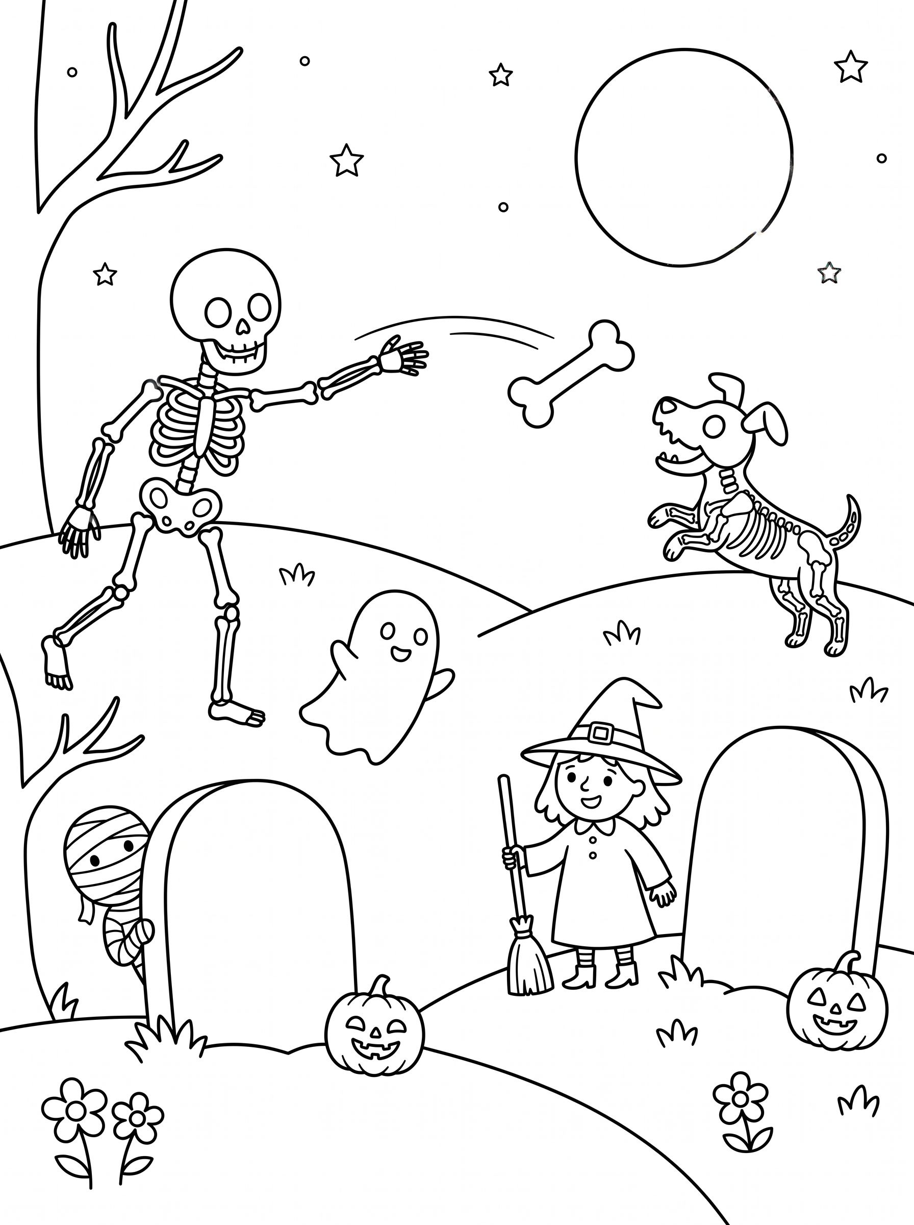 Skeleton Dog Bone Fetch Coloring Page