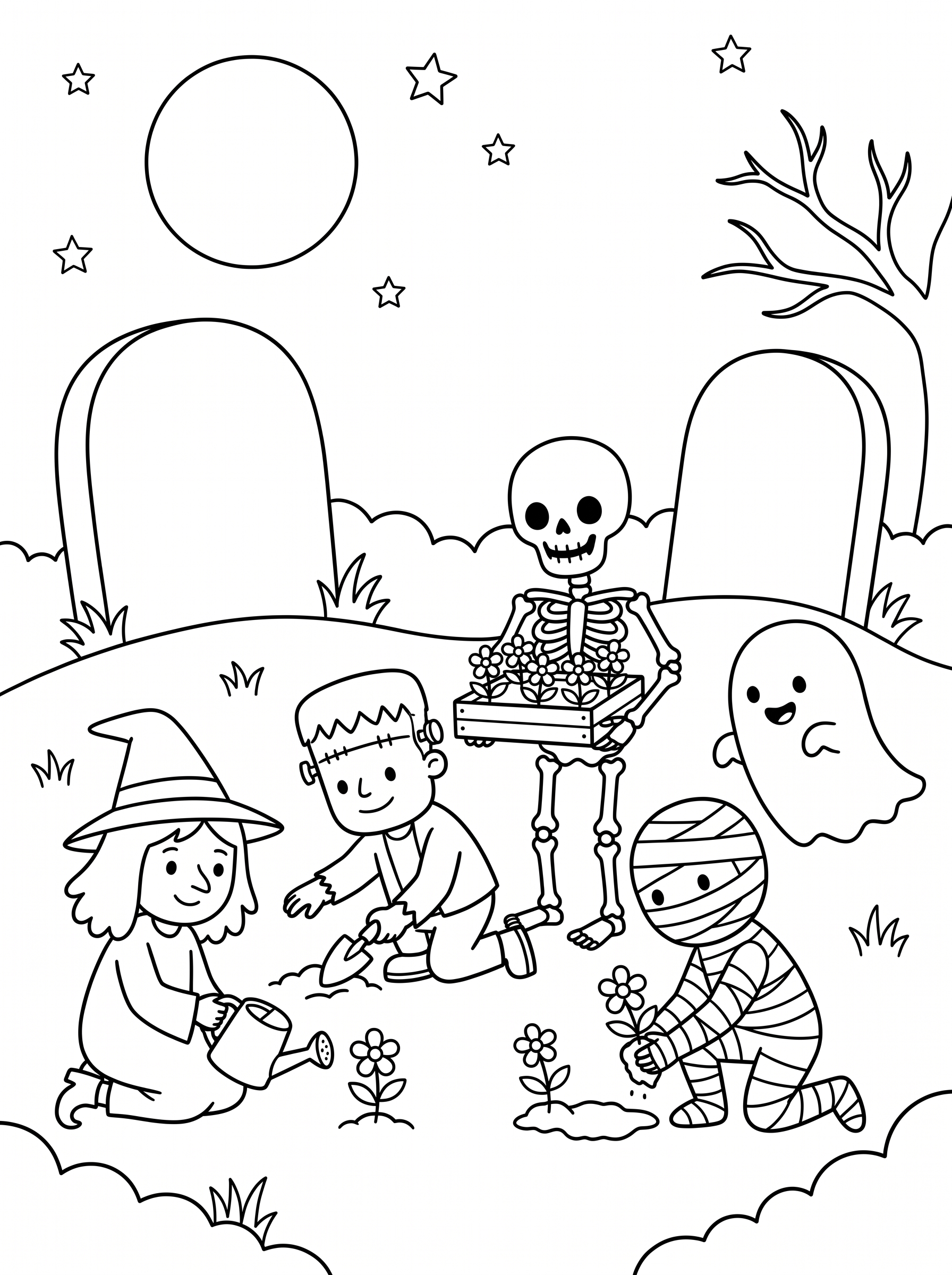 Planting Flowers by the Headstones Coloring Page