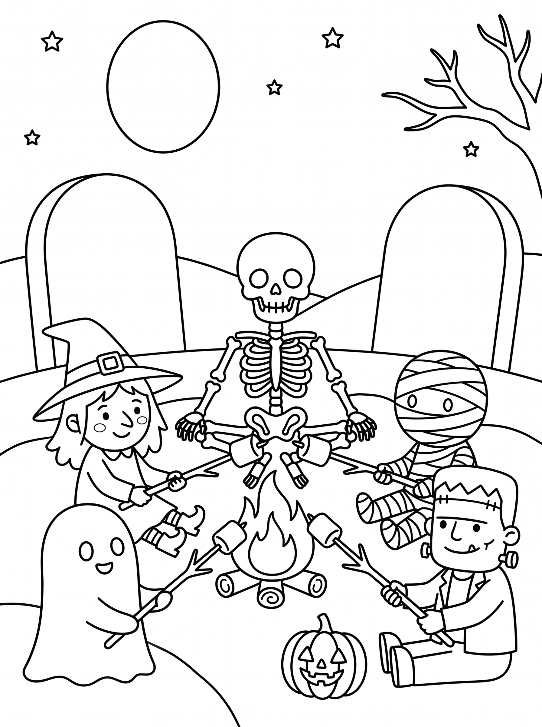 Graveyard Campfire Marshmallow Roast Coloring Page
