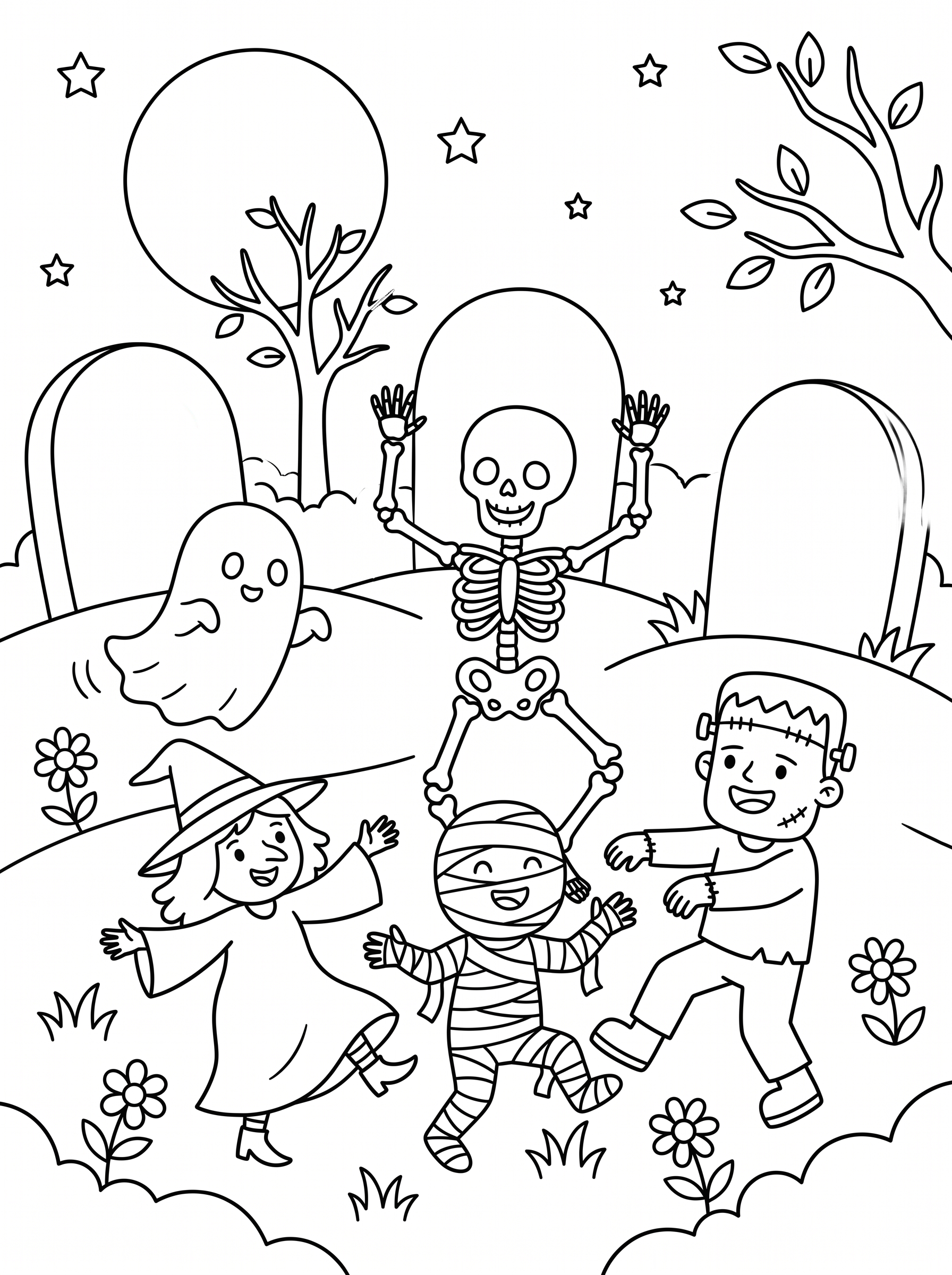 Skeletons' Midnight Dance Coloring Sheet