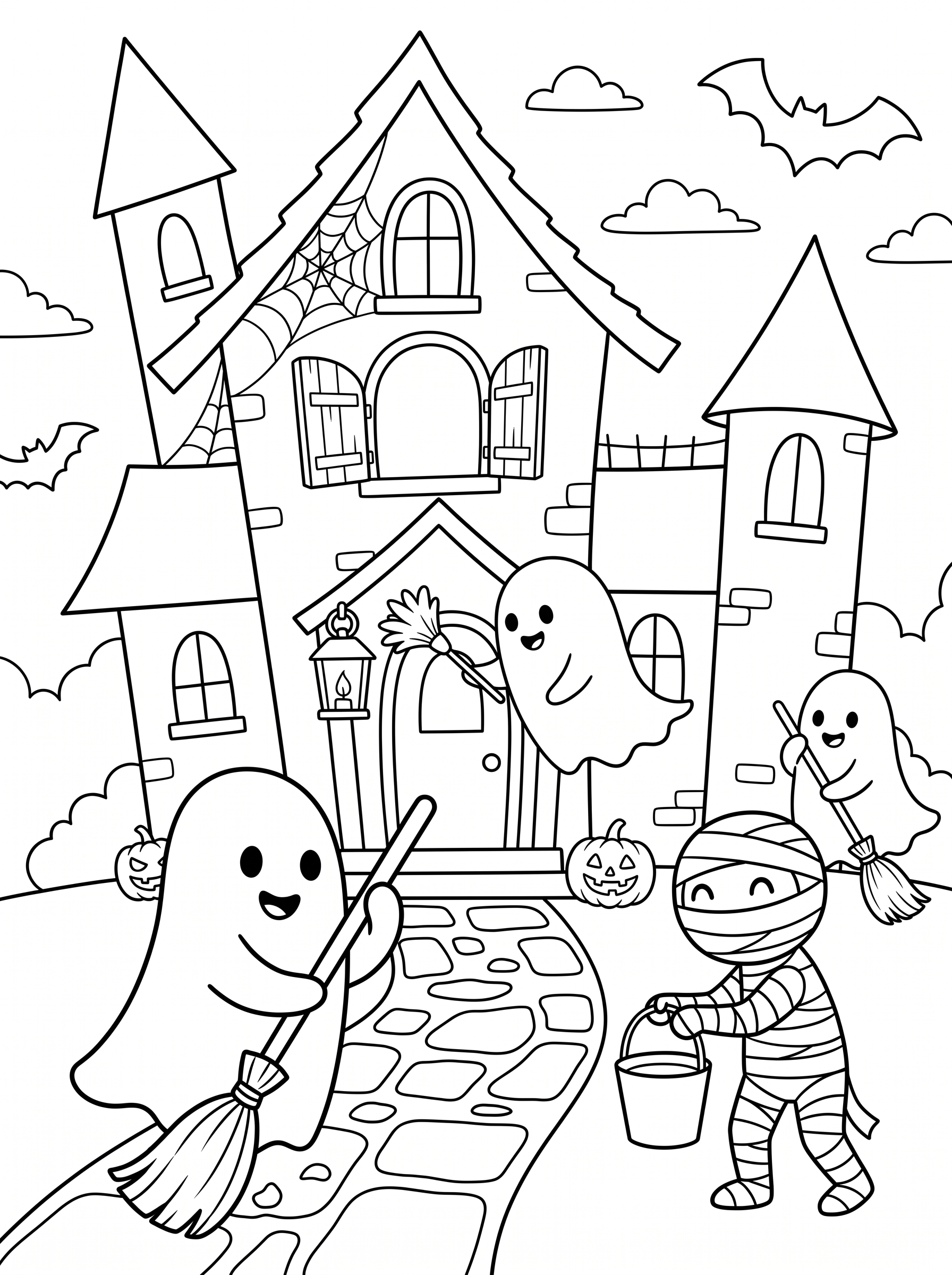 Ghosts Cleaning the Haunted House Coloring Page