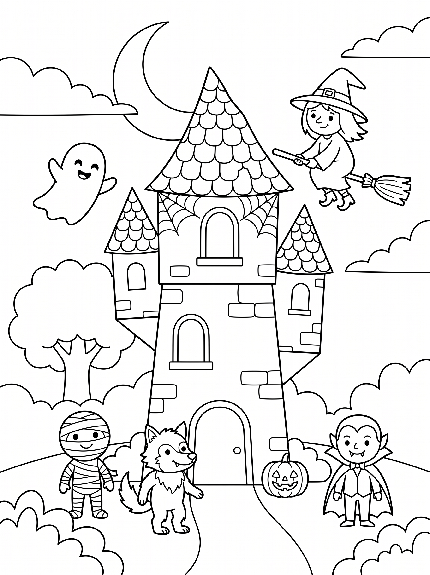 Witch's Tower at Moonrise Coloring Page