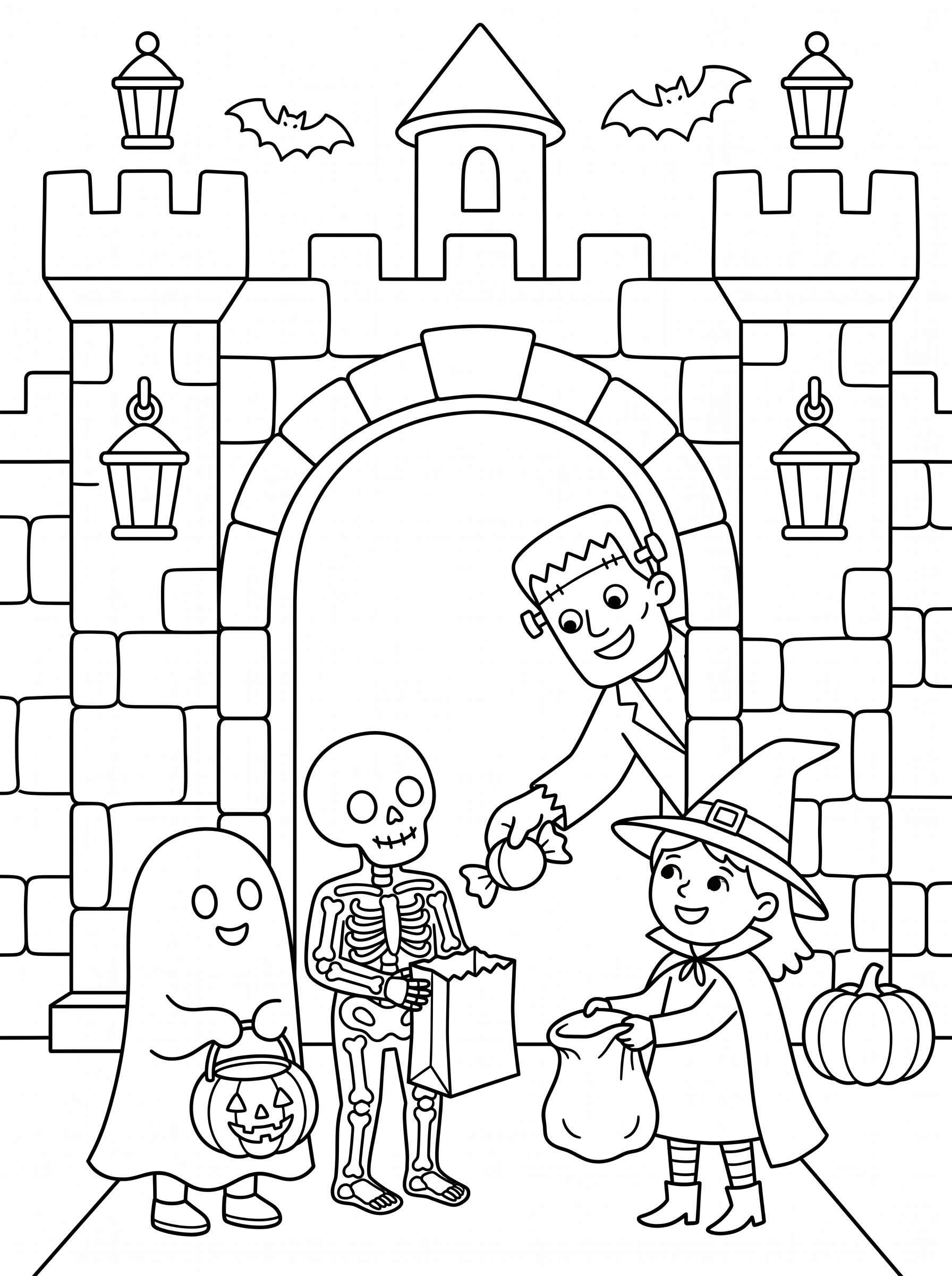 Trick-or-Treat at the Castle Gate Coloring Sheet