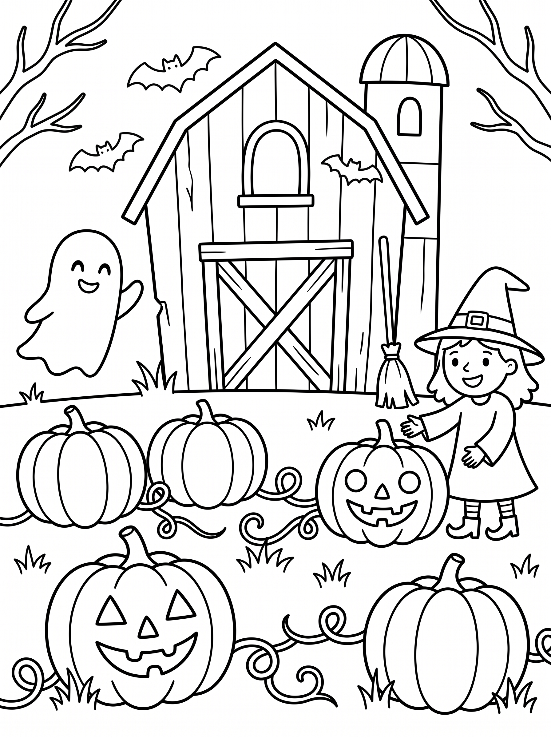 Pumpkin Patch at a Spooky Barn Coloring Sheet