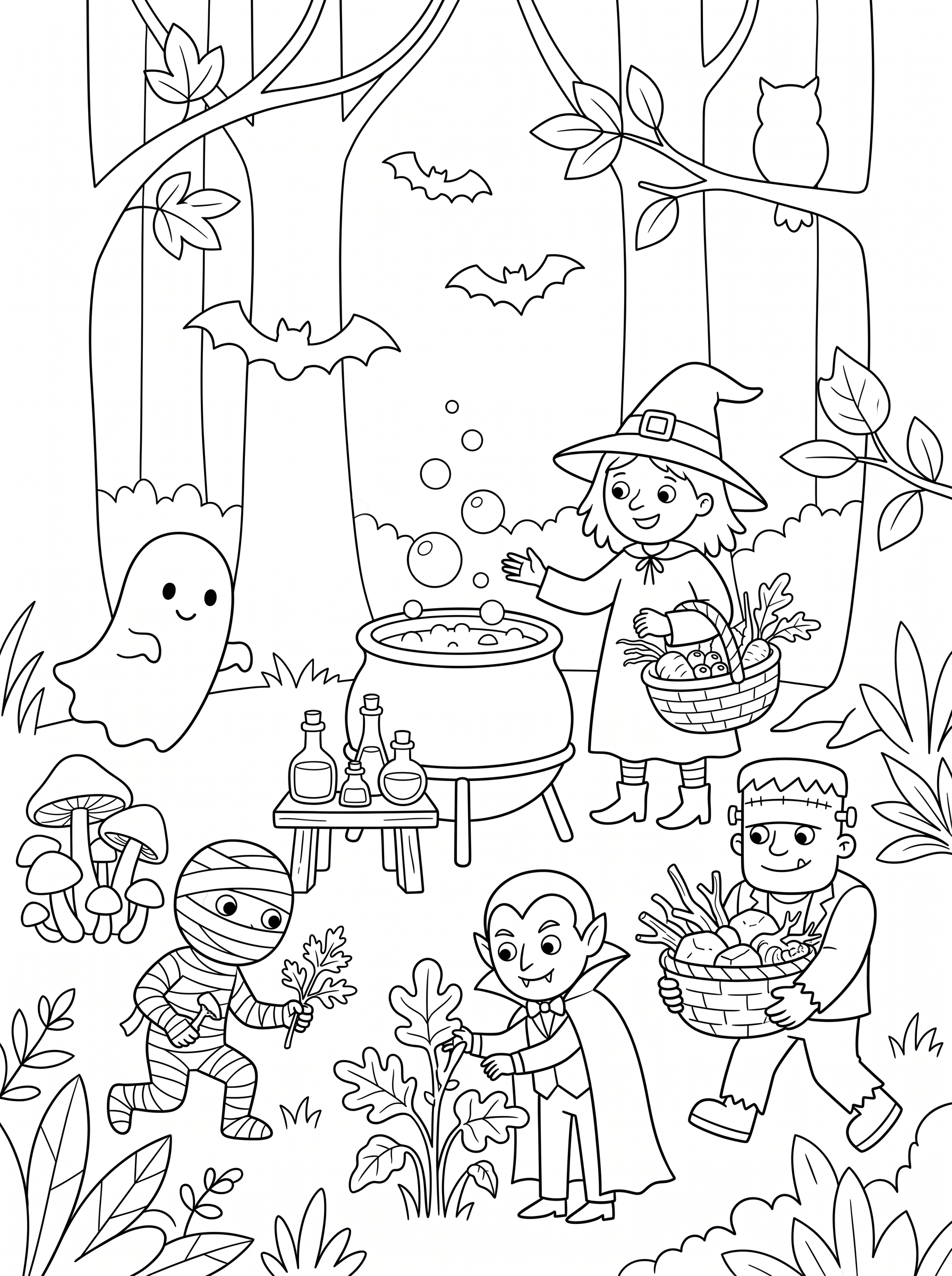 Gathering Magic Potion Ingredients Coloring Page