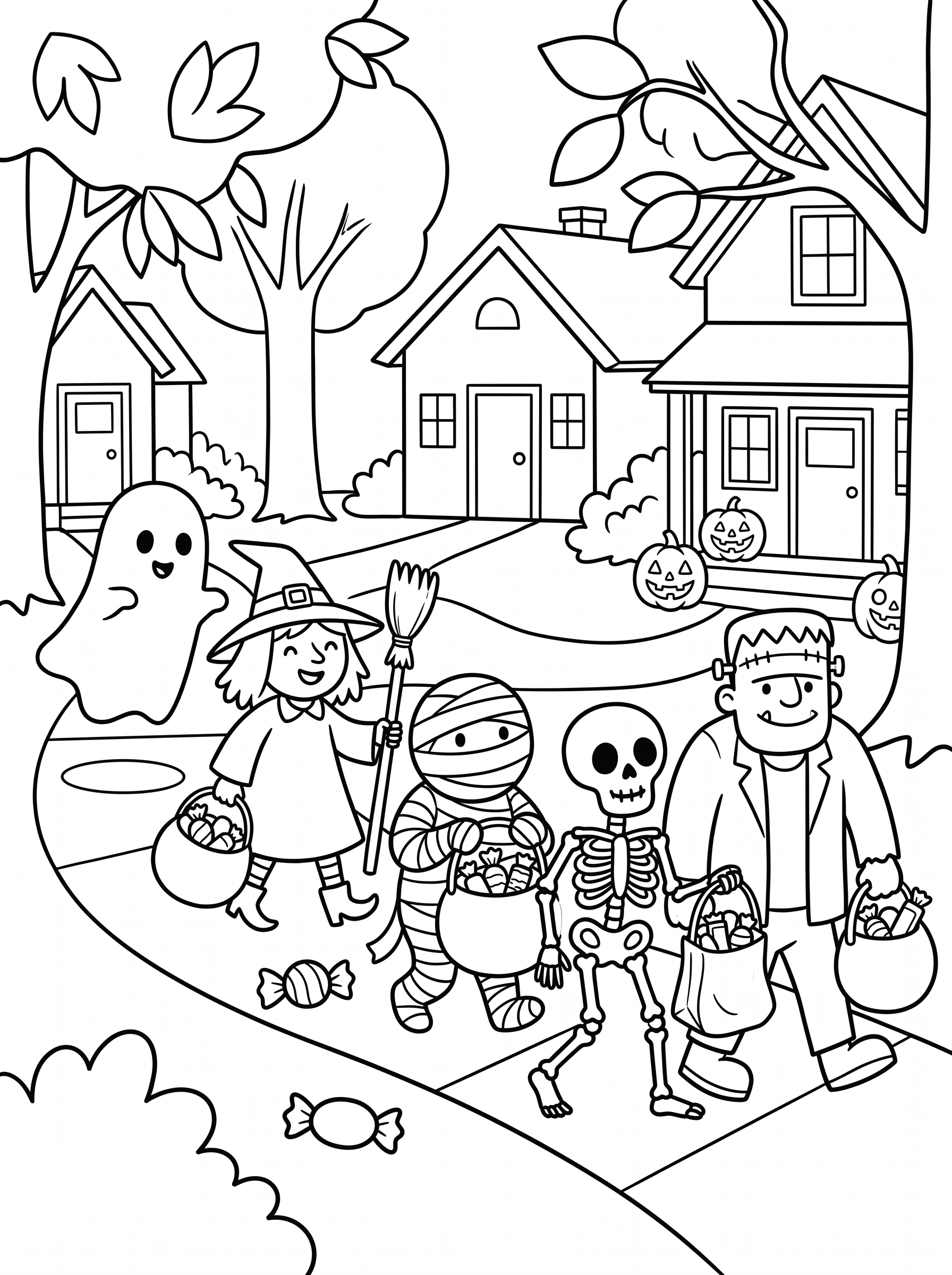 Neighborhood Trick-or-Treat Walk Coloring Page