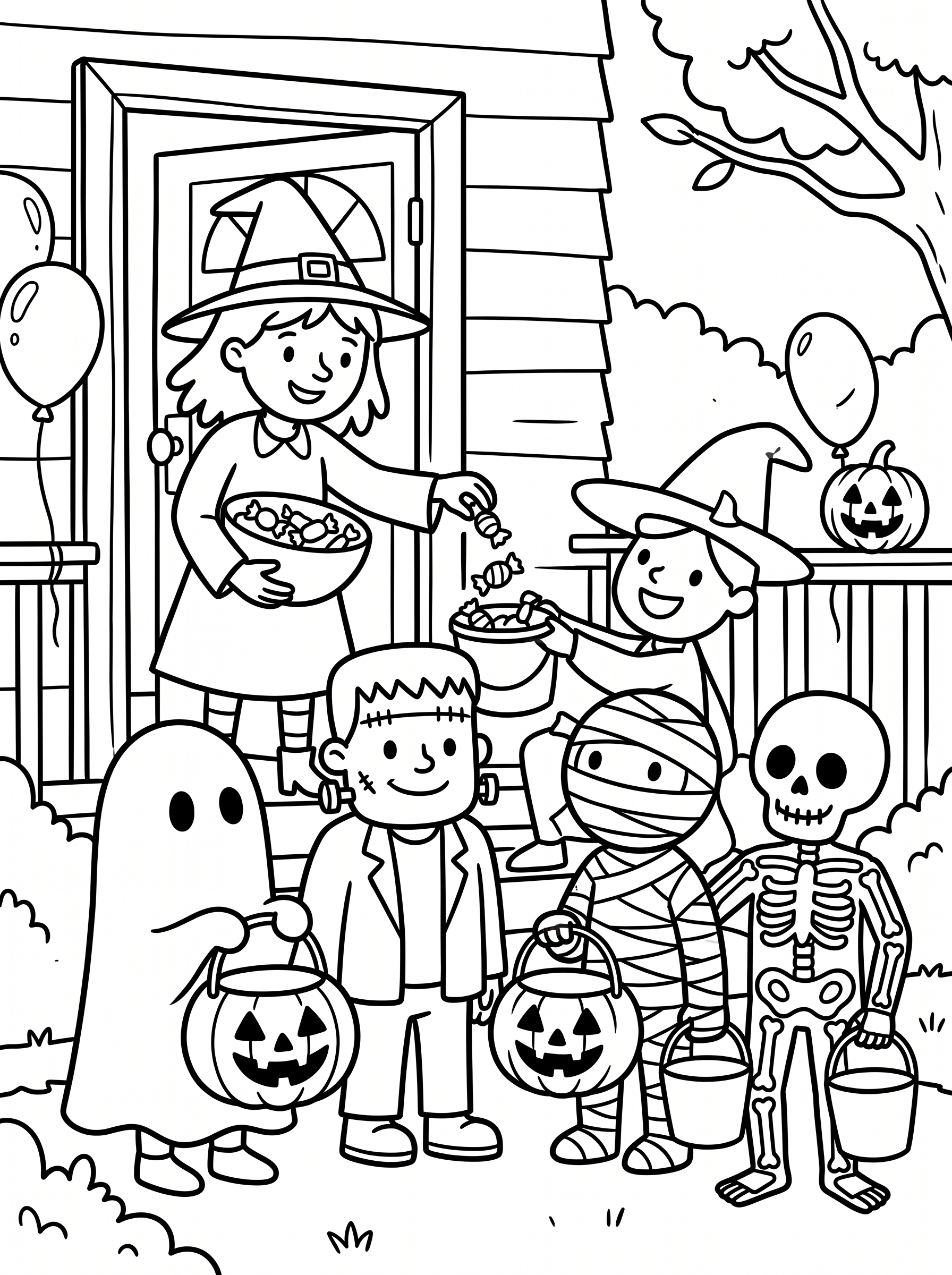 Handing Out Halloween Candy Coloring Page