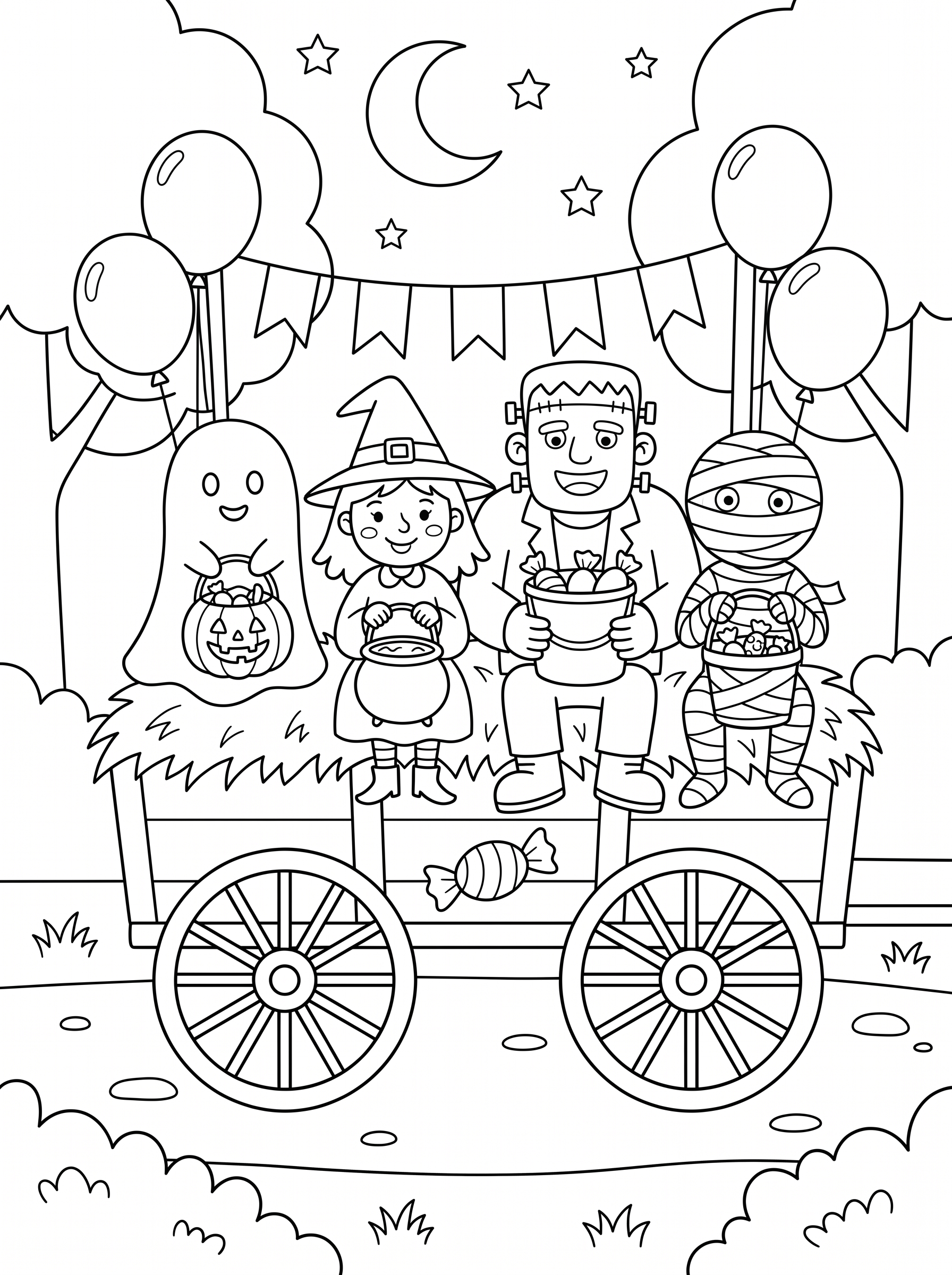 Trick-or-Treat Hayride Coloring Page