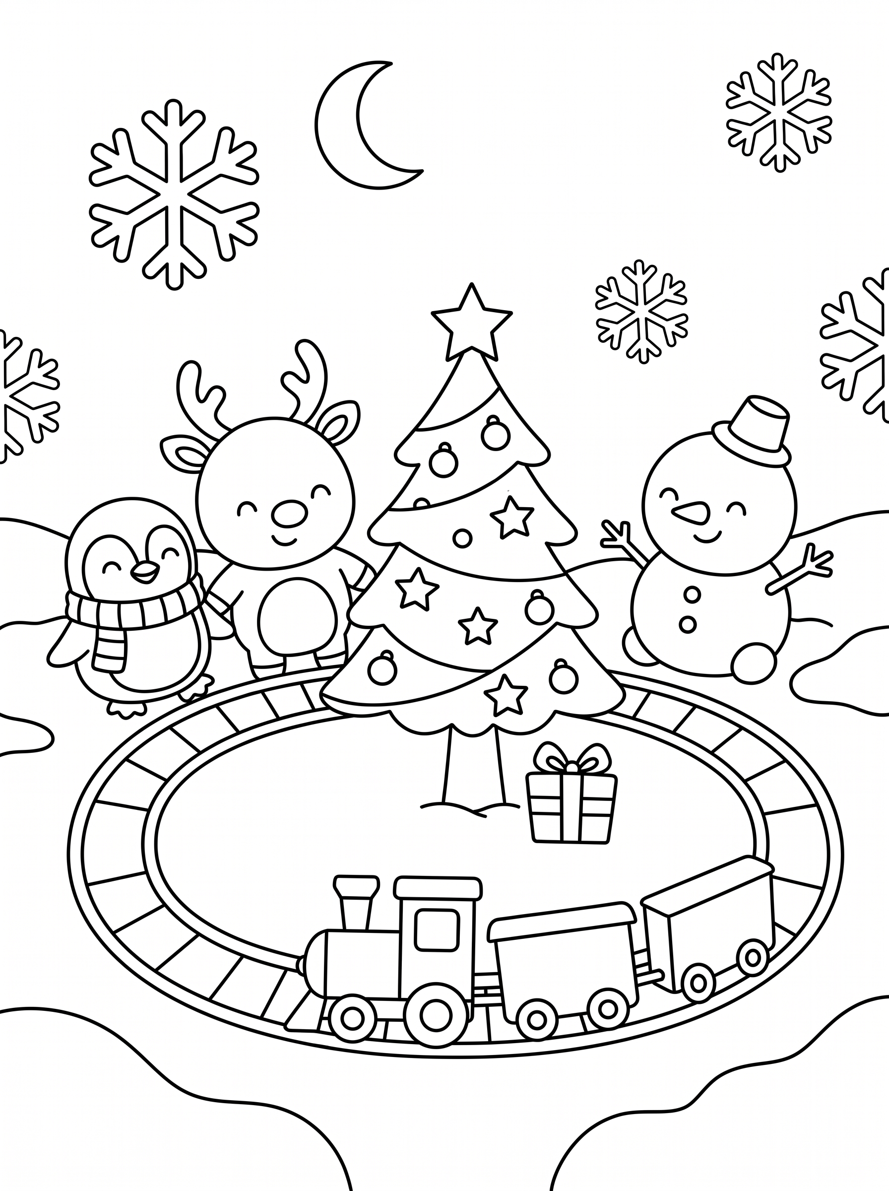 Toy Train Around the Tree Coloring Page