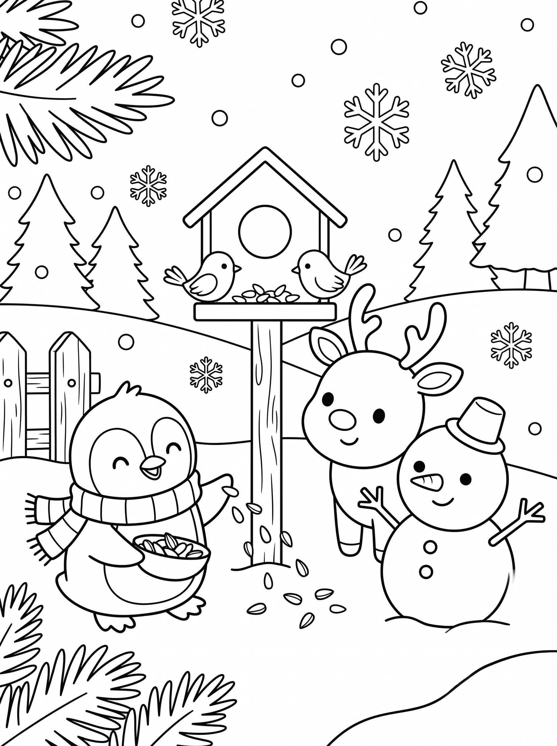 Feeding the Winter Birds Coloring Page
