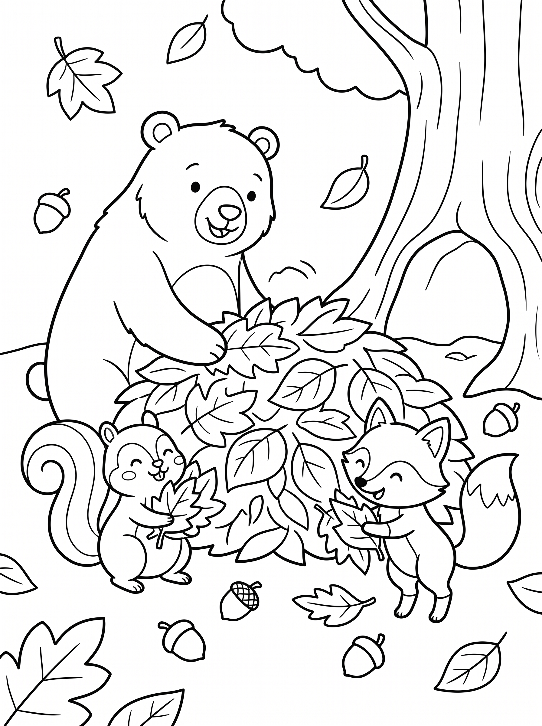 Bear's Big Leaf Bed Coloring Page