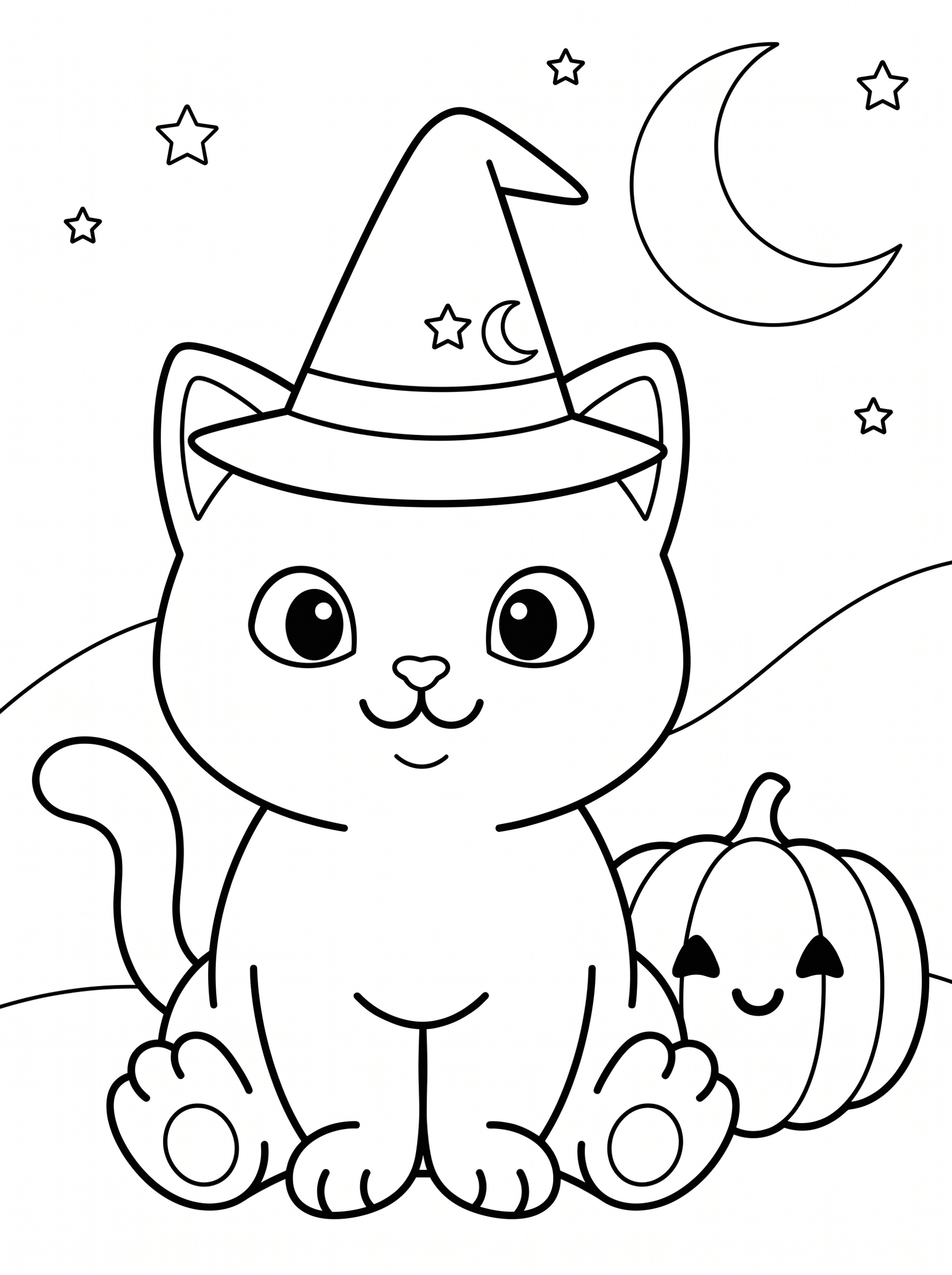Black Kitten in a Witch Hat Coloring Page