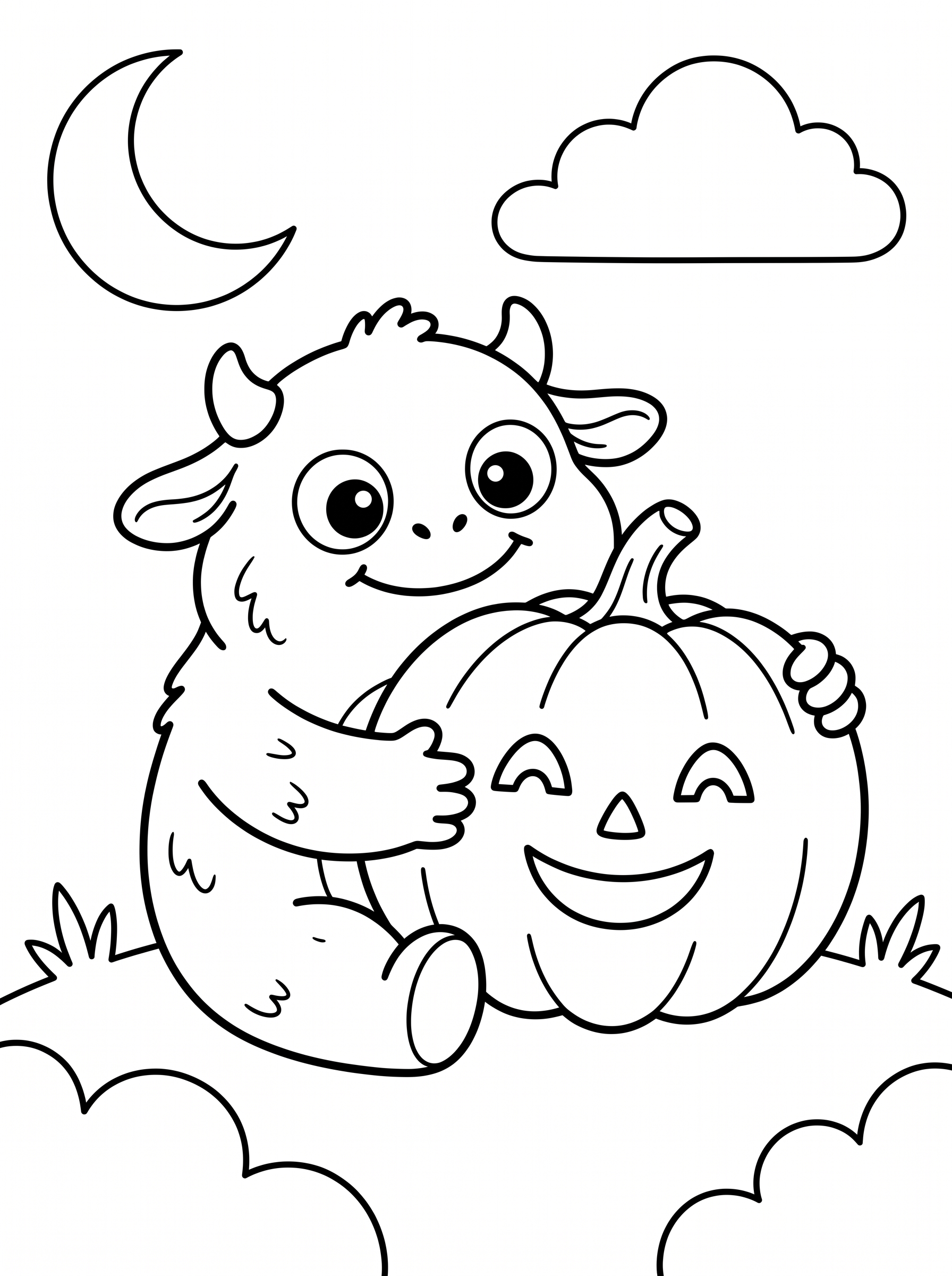 Friendly Monster Hugging a Jack-o'-Lantern Coloring Page
