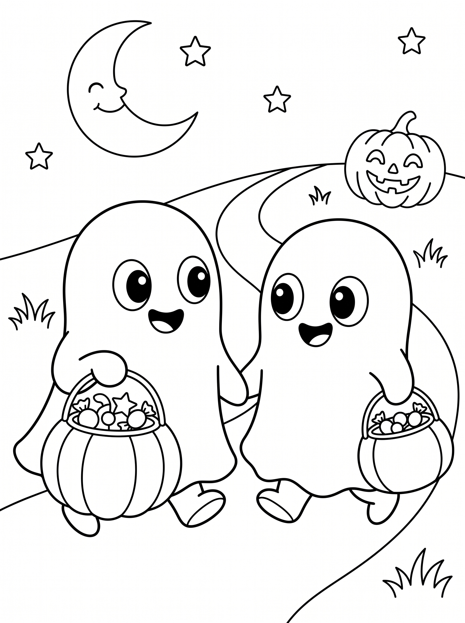 Baby Ghosts Trick-or-Treating Coloring Page