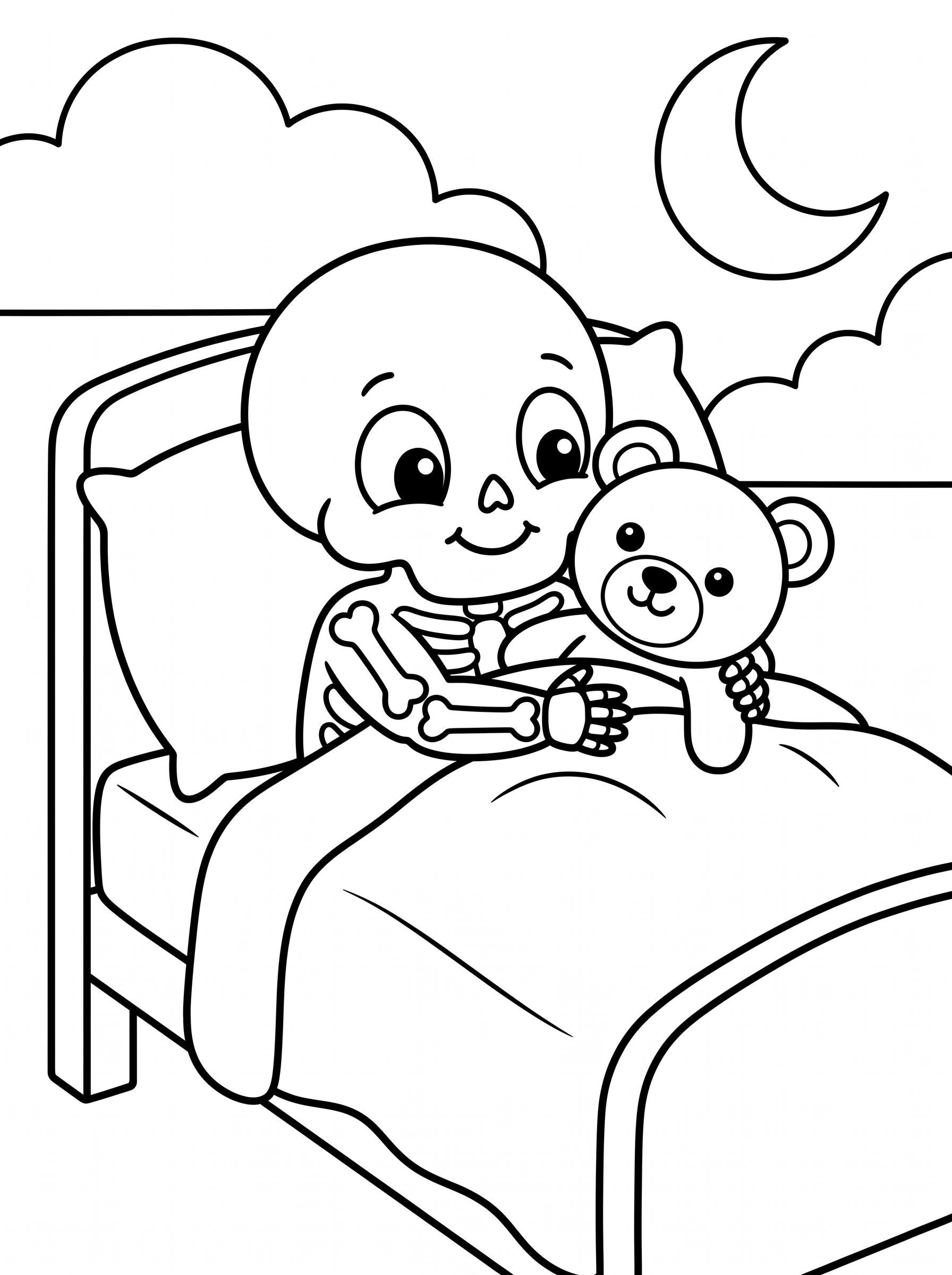 Sleepy Skeleton at Bedtime Coloring Sheet