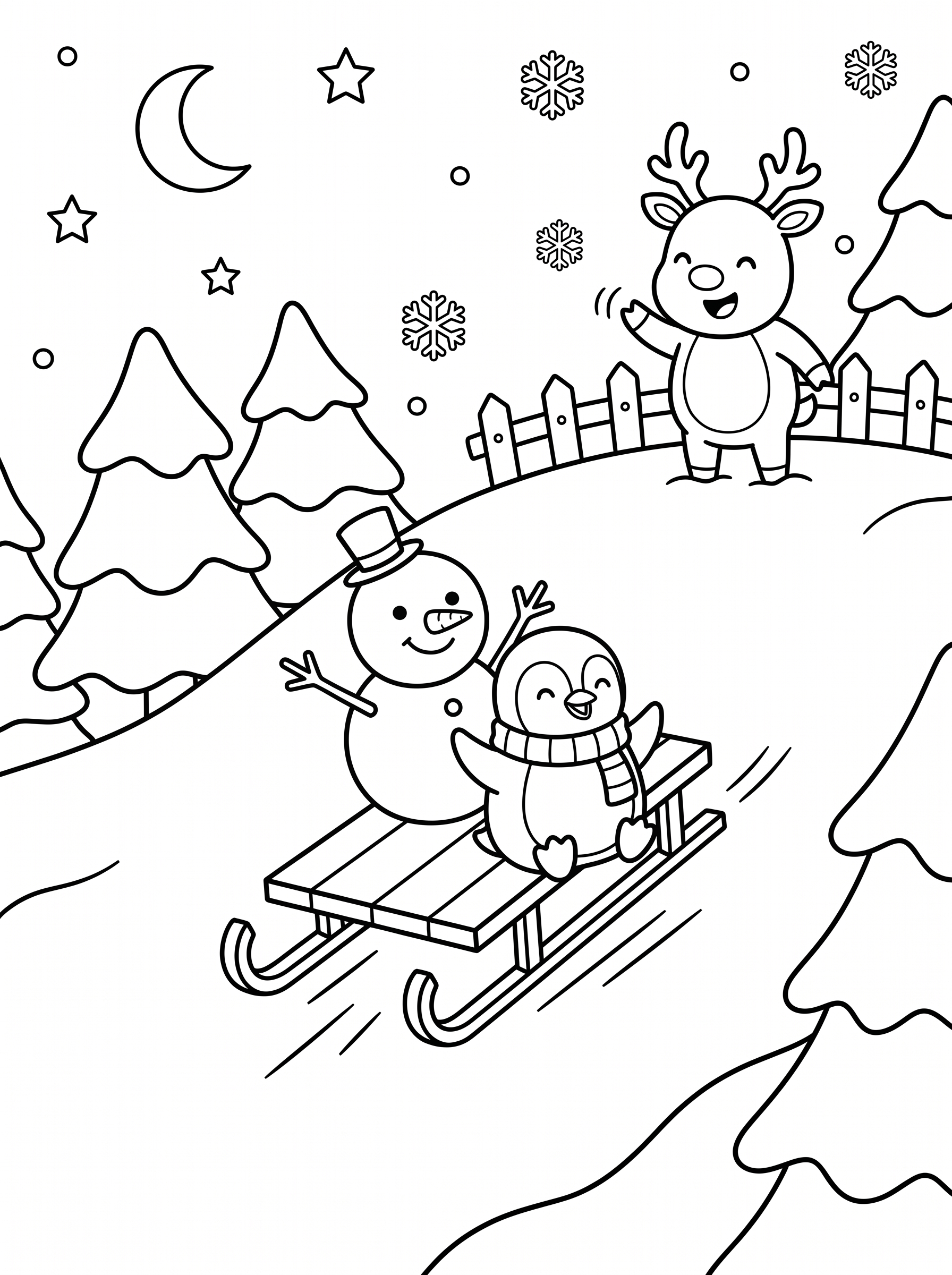 Sledding Down the Snowy Hill Coloring Page